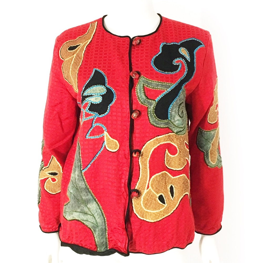 Vintage BOHO embroidered Asian jacket, red Chinese - Picture 1 of 7
